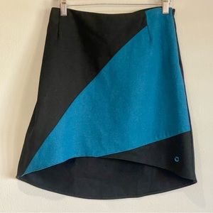 SkunkFunk Wool Geometric Black Teal Colorblock Stripe Skirt - Large